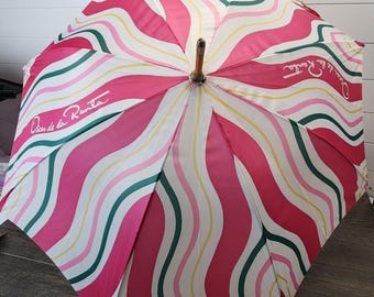Vtg Oscar De La Renta Pink Swirly Stripe Full-Size Umbrella With Wooden Handle