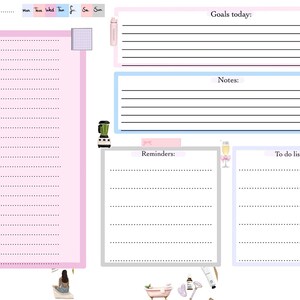 Può includere: Un planner digitale con un design rosa e bianco. Include sezioni per la pianificazione, gli obiettivi, le note, i promemoria e una lista di cose da fare. Il planner ha illustrazioni di un frullatore, un bagno e attrezzature per l'esercizio fisico.