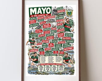 May include: A framed poster titled Mayo is the county of... featuring a detailed map of County Mayo, Ireland, with illustrations of Gaelic football players, local landmarks, town names, a list of Mayo legends, and historic football championship years.