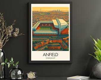 May include: A framed print depicting Anfield stadium, Liverpool. The artwork shows a stylized illustration of the stadium with the text "ANFIELD Liverpool" at the bottom. The colour scheme includes shades of red, green, and orange.