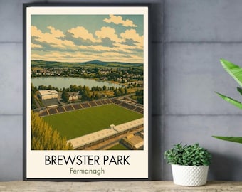 May include: A framed poster featuring an aerial illustration of Brewster Park in Fermanagh. The artwork depicts a green sports field, a lake, and distant hills under a cloudy sky. The text BREWSTER PARK Fermanagh is printed at the bottom.