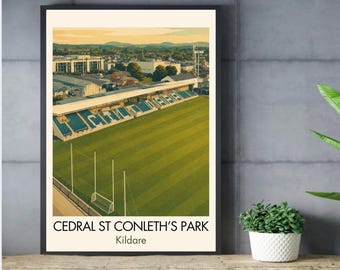 May include: A framed art print featuring an aerial view of St. Conleth's Park in Kildare, showcasing a green sports field, stadium seating, and surrounding buildings under a soft sky. The text CEDRAL ST CONLETH'S PARK Kildare is printed below.