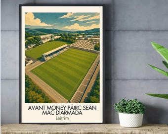 May include: A framed art print featuring an aerial illustration of a green sports stadium with a grandstand, surrounded by trees and hills under a blue sky. The text at the bottom reads AVANT MONEY PÁIRC SEÁN MAC DIARMADA Leitrim.