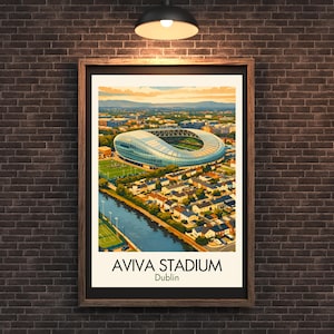 May include: Framed print of Aviva Stadium in Dublin, Ireland. The artwork depicts the stadium's modern architecture, surrounded by a cityscape and a river. The print includes the text "AVIVA STADIUM Dublin".