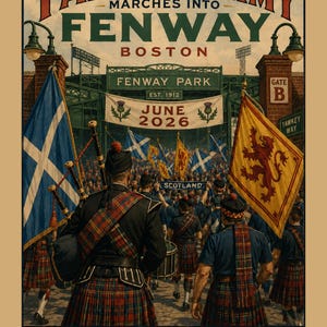 May include: A poster titled The Tartan Army Marches Into Fenway Boston June 2026. It depicts people in kilts and bagpipes entering Fenway Park with Scottish flags. The bottom text reads One Nation One Voice One Army Boston Welcomes The World.