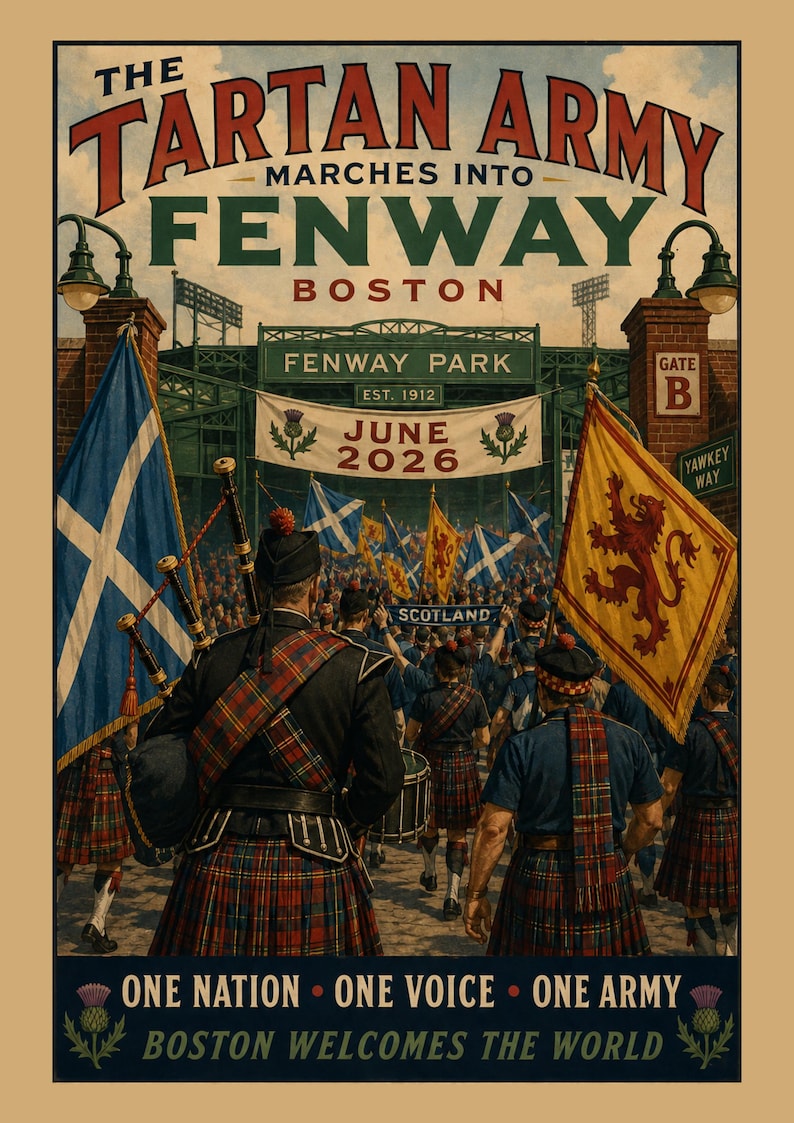 May include: A poster titled The Tartan Army Marches Into Fenway Boston June 2026. It depicts people in kilts and bagpipes entering Fenway Park with Scottish flags. The bottom text reads One Nation One Voice One Army Boston Welcomes The World.