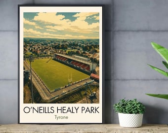 May include: A framed art print featuring an aerial view of O'Neills Healy Park in Tyrone. The illustration depicts a green sports field, a grandstand with red seating, and a surrounding town under a cloudy sky. The text reads O'NEILLS HEALY PARK Tyrone.