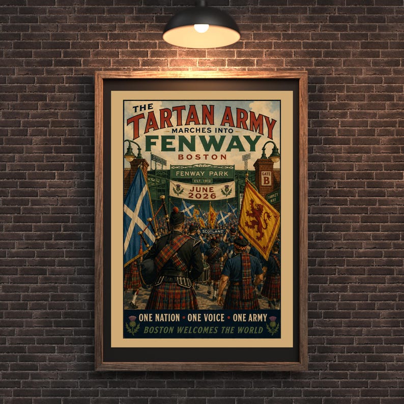 May include: A framed poster titled The Tartan Army Marches Into Fenway Boston June 2026. The artwork depicts a crowd of people in kilts and traditional Scottish attire marching toward Fenway Park, carrying blue and yellow flags with emblems.