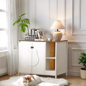 Cat-Faced Litter Robot Enclosure | Litter Cabinet with Power Outlet | Dog-Proof Adjustable Shelf | for Litter-Robot 3/4 | Cat Furniture