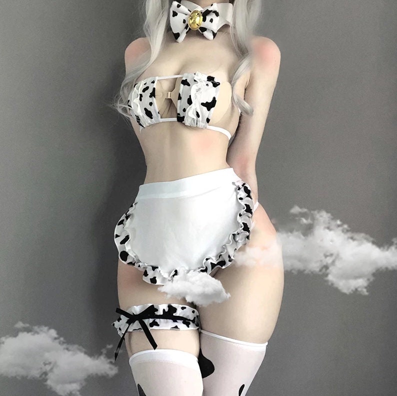 FULL SET Sexy Cos Cow Cosplay Costume Maid Bra Anime Girls Tankini Bikini Swimsuit Swimwear Clothing and Panty Set Stockings/bra and panty 