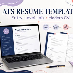 May include: A laptop displaying an ATS resume template with the name Alex Morgan, alongside printed resume pages. The text reads ATS RESUME TEMPLATE, Entry-Level Job, Modern CV, and includes icons for a briefcase, graduation cap, person, and chart.
