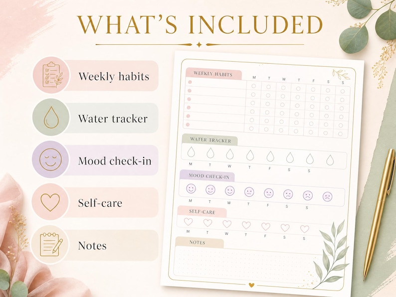 Weekly Habit Tracker Printable Self Care Planner Water Tracker Goal ...