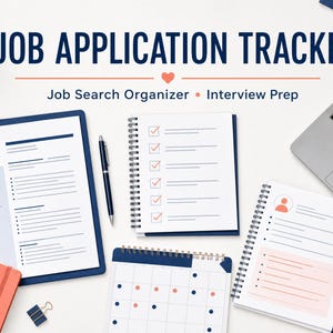 May include: A job application tracker set featuring a dark blue folder with a CV, a spiral-bound checklist, a calendar, a black pen, and a laptop. The text reads JOB APPLICATION TRACKER, Job Search Organizer, and Interview Prep in blue and orange.