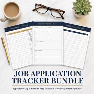 May include: A bundle of three printable job application trackers with navy blue and gold accents. The bundle includes a job application log, interview prep sheet, and networking tracker. The text "JOB APPLICATION TRACKER BUNDLE" is displayed at the bottom.