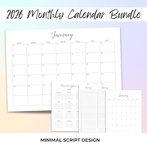 PRINTABLE Minimal Script 2026 Monthly Calendar Instant Download Planner Pages A4 Letter Printable Calendar Bundle Monday Start Sunday Start