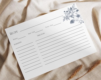 PRINTABLE Vintage Floral Recipe Card Instant Download 4x6 Lined Recipe Cards Blank Recipe Card Traditional Blue Flower Recipe Card