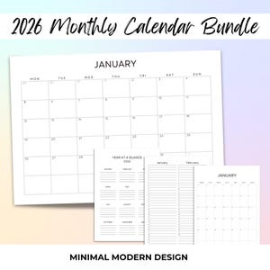 PRINTABLE Minimal 2026 Monthly Calendar Instant Download Planner Pages A4 Letter Size Printable Calendar Bundle Monday Start Sunday Start