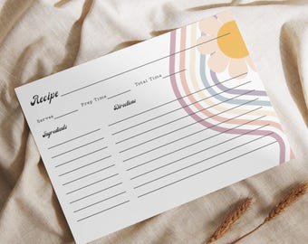 PRINTABLE Retro 70s Recipe Card Instant Download 4x6 Lined Recipe Cards Blank Recipe Card Groovy Rainbow Flower Recipe Card