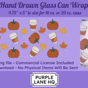 Puede incluir: Descarga digital con un diseño de envoltura de lata de vidrio dibujada a mano. El diseño incluye calabazas, tazas de café y hojas de otoño. La envoltura es para latas de 16 oz o 20 oz, midiendo 24.77 cm x 12.7 cm. Archivo .png.