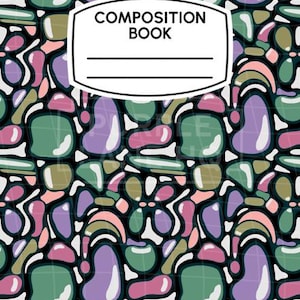 May include: Composition book cover featuring a vibrant abstract design in green, purple, pink, and beige on black. The cover includes a white label with the text "COMPOSITION BOOK".