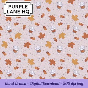 Fall Coffee Seamless Pattern File, Hand Drawn Original Art, Instant Download