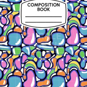 May include: Composition book cover with a bright, abstract design. The cover has a repeating pattern of colourful shapes in blue, pink, orange, and green, outlined in black. The words "COMPOSITION BOOK" are displayed in a white rectangle.