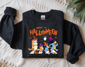 Bluey Halloween Kids T-Shirt: Spooky Cartoon Tee with Witchy Bats