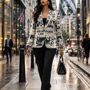 May include: A woman wearing a black top, black pants, and black heels walks down a city street. She is wearing a blazer with a newspaper print design. The blazer has the text "NIXON SWEP HYZACKS" and "NEWS". She carries a black handbag.