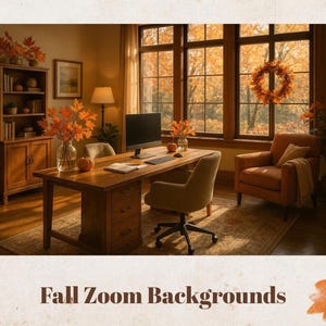 May include: A cozy office scene with a wooden desk, chair, and bookshelf. The room is decorated with fall foliage and a wreath. The text "Fall Zoom Backgrounds" is at the bottom of the image.