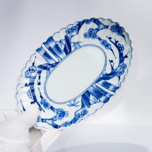 Arita Ware Oval Serving Platter — Japanese Blue & White Pine Bamboo Plum