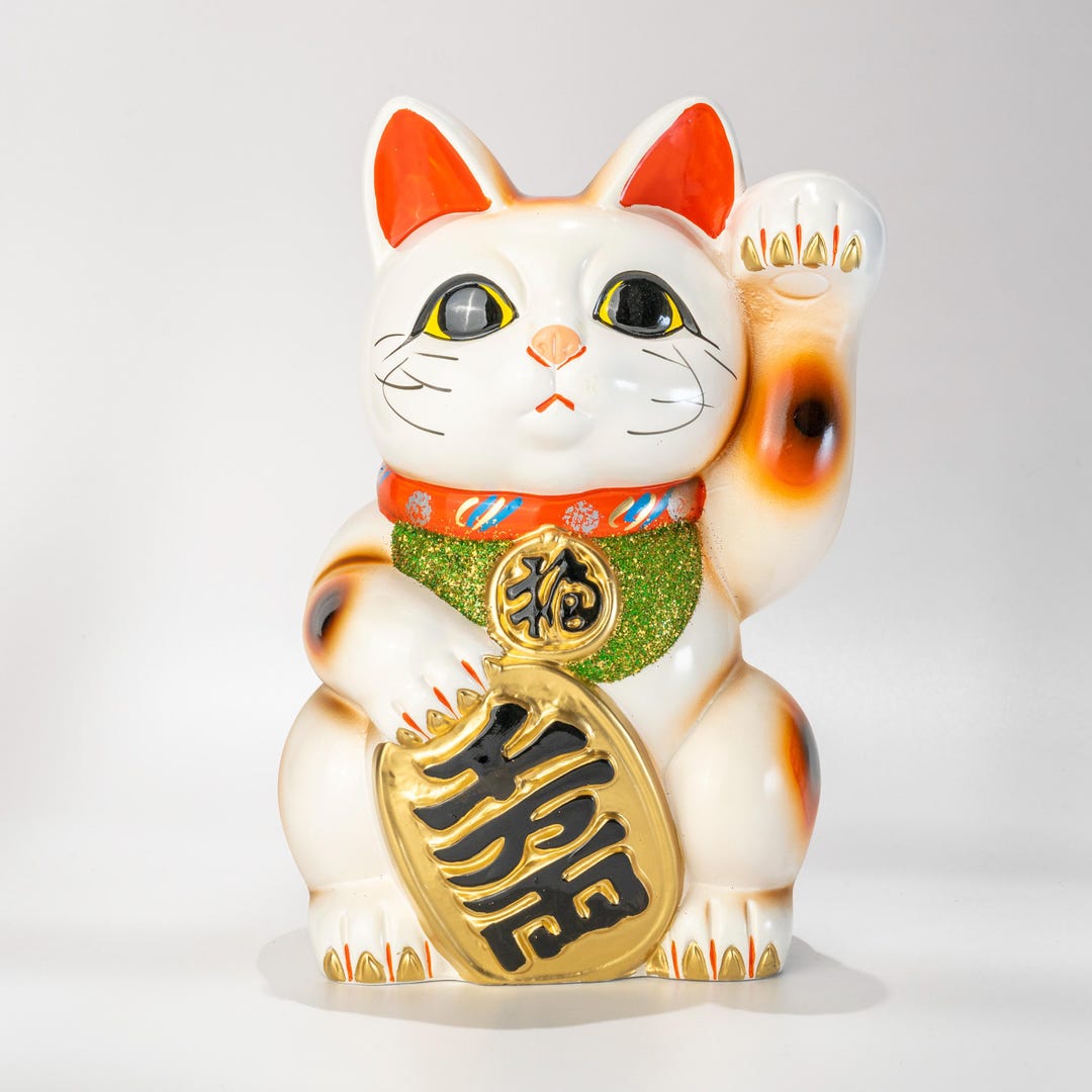 Tokoname Maneki Neko Coin Bank, Lucky Cat Statue With Gold Koban