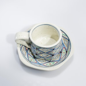 Espresso Cup Set, Arita Porcelain Hexagon Demitasse with Saucer, Hand-Painted Blue Diamond Lattice