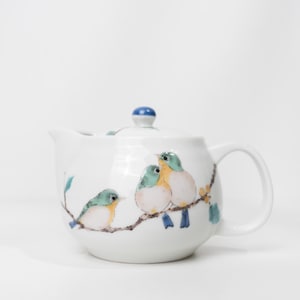 Kutani Bird Kyusu Teapot with Strainer, Hand-Painted Japanese Porcelain Tea Pot, Made in Japan Tea Gift