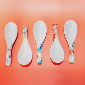 Set de 5 Cuillères Renge Kutani, Cuillères à Soupe Florales Shiki-no-Hana Four Seikou