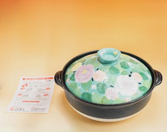 Japanese Donabe Clay Pot 9-go, Yuzuriha Green Rose Ceramic Simmer Pot, Handmade Japanese Soup Pot Hot Pot, Made in Japan Housewarming Gift