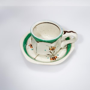 Arita Espresso Cup Set, Hand-Painted Green Floral Hexagon Demitasse, Japanese Porcelain Cup and Saucer