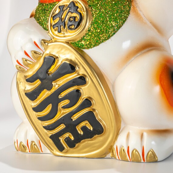 Tokoname Maneki Neko Coin Bank, Lucky Cat Statue With Gold Koban