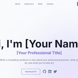 Może przedstawiać: Strona docelowa witryny internetowej z gradientowym tłem. Tekst brzmi "Hi, I'm [Your Name]" i "[Your Professional Title]" z przyciskiem wezwania do działania z napisem "Get in Touch". Widoczne są również ikony mediów społecznościowych.