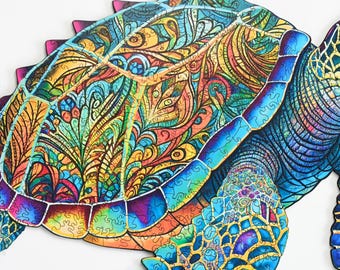 Sea Turtle Wooden Jigsaw Puzzle for Adults-500 Pieces Animal Shaped Puzzle - Unique Ocean Art Summer Decor Self-care Gift - Premium Wood Box