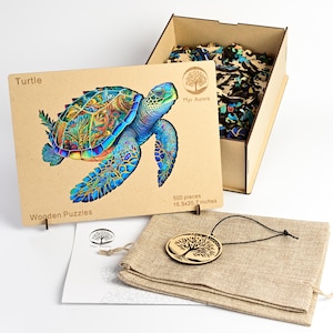 Träpussel med havssköldpaddor för vuxna - 500 bitar i djurformat - Unik havskonst, sommardekor, gåva för självvård - Premium trälåda