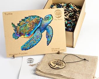 Sea Turtle Wooden Jigsaw Puzzle for Adults-500 Pieces Animal Shaped Puzzle - Unique Ocean Art Summer Decor Self-care Gift - Premium Wood Box