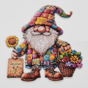 May include: A colorful wooden puzzle depicting a garden gnome holding a sunflower and a basket of flowers. The gnome wears a patchwork outfit and a tall hat. A wooden sign with the word "WELCOME" is also included.