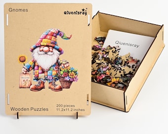 Rompecabezas de madera de gnomos de jardín para adultos - Arte popular con forma única - 200 piezas - Decoración veraniega colorida - Regalo de autocuidado - Caja de madera de primera calidad