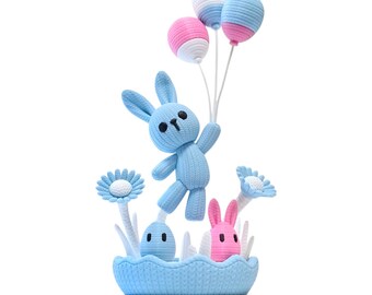 3D Printed Knitted Bunny Ornament | Pastel Blue Pink Rabbit Figurine Gift for Spring Decor and Nursery