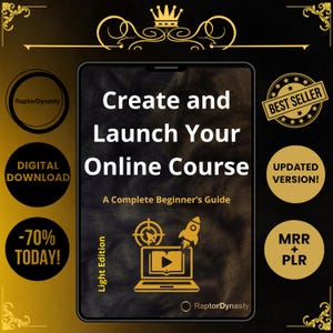 Op de afbeelding: Een digitale downloadafbeelding met de tekst "Create and Launch Your Online Course" en "A Complete Beginner's Guide". De afbeelding bevat een laptop-icoon met een raket en doel, en de tekst "-70% TODAY!" en "BEST SELLER."