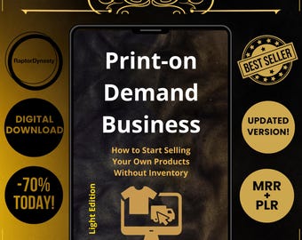 Könnte beinhalten: Werbung für einen digitalen Download zum Thema Gründung eines Print-on-Demand-Unternehmens. Das Bild zeigt den Text "Print-on Demand Business" und "How to Start Selling Your Own Products Without Inventory." Das Design enthält eine Computergrafik.