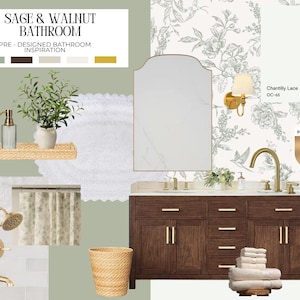 May include: A Sage & Walnut Bathroom design board featuring a dark wood vanity with brushed gold hardware, a white floral wallpaper, a scalloped mirror, a woven tray with a soap dispenser and plant, a wicker wastebasket, and white towels.