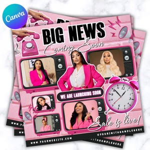 May include: Pink promotional flyer with the text "BIG NEWS coming soon" and "Sale is live!". The flyer features images of women in pink blazers, retro TVs, a pink alarm clock, and a pink brick wall background. Website and social media handles are included.