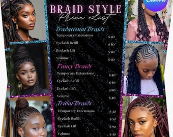 Editable Braids Pricelist Flyer Template, Canva Beauty Salon Price Sheet (Digital Download)