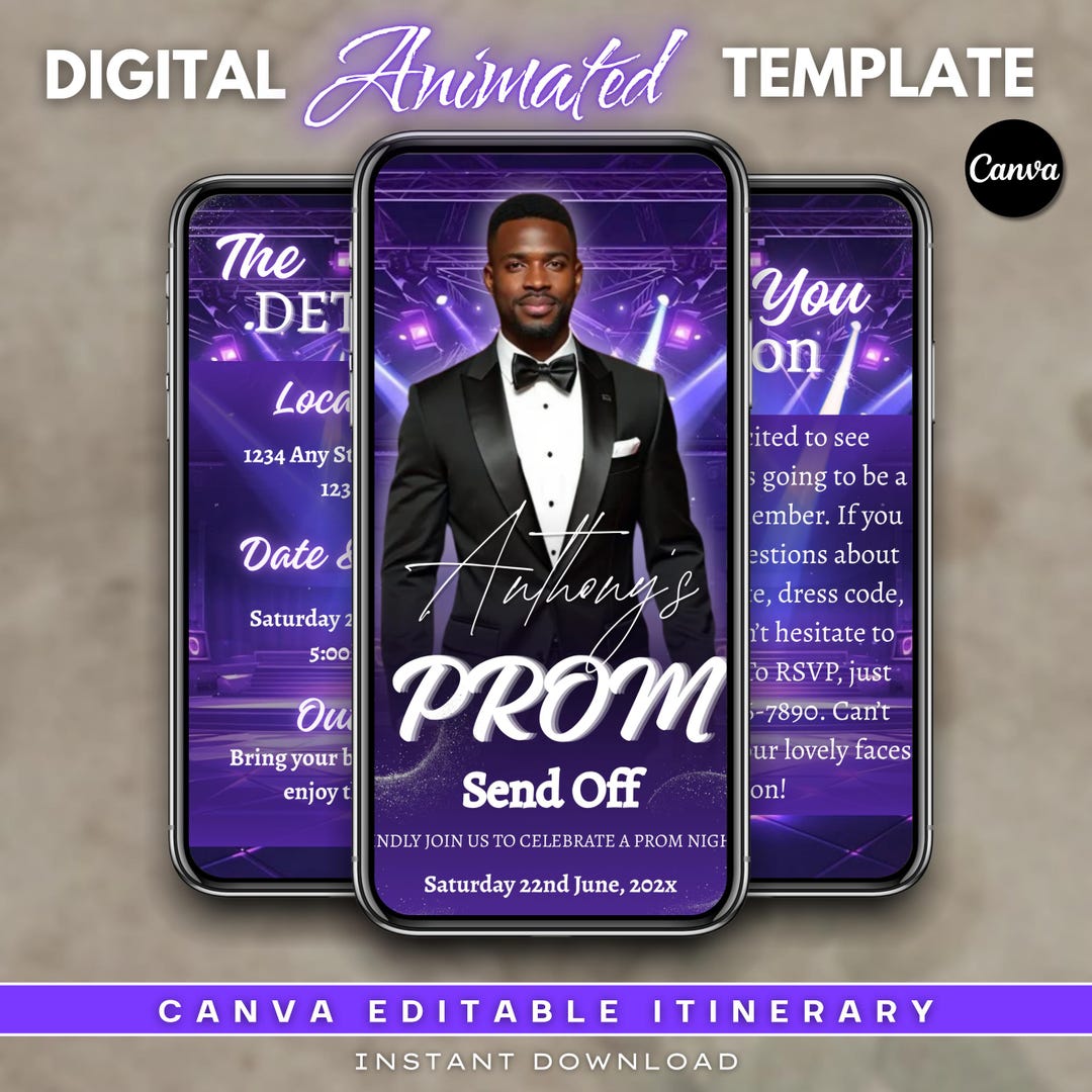 Animated Prom Send off Invitation Template, Purple Canva Digital Invite ...